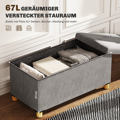 Folding Storage Bench Upholstered Bench with Velvet Look, Storage Bench with Legs, Trunk Bench for Living Room Bedroom Hallway 76 x 38 x 38 cm, Gray