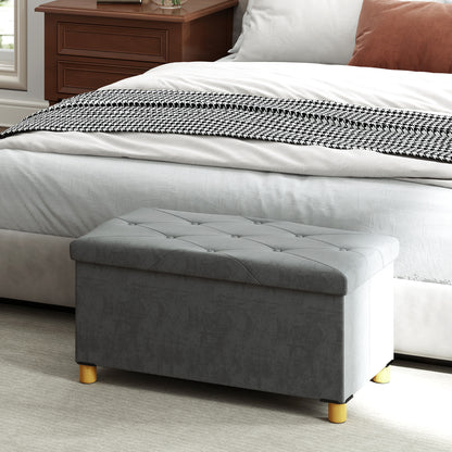 Folding Storage Bench Upholstered Bench with Velvet Look, Storage Bench with Legs, Trunk Bench for Living Room Bedroom Hallway 76 x 38 x 38 cm, Gray