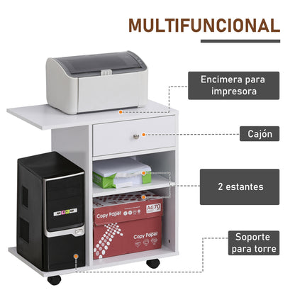 Office Printer Cabinet Multifunctional Cart with Wheels 2 Compartments Drawer and CPU Stand Adjustable Shelf for Study 60x40x68.5 cm White Woodgrain