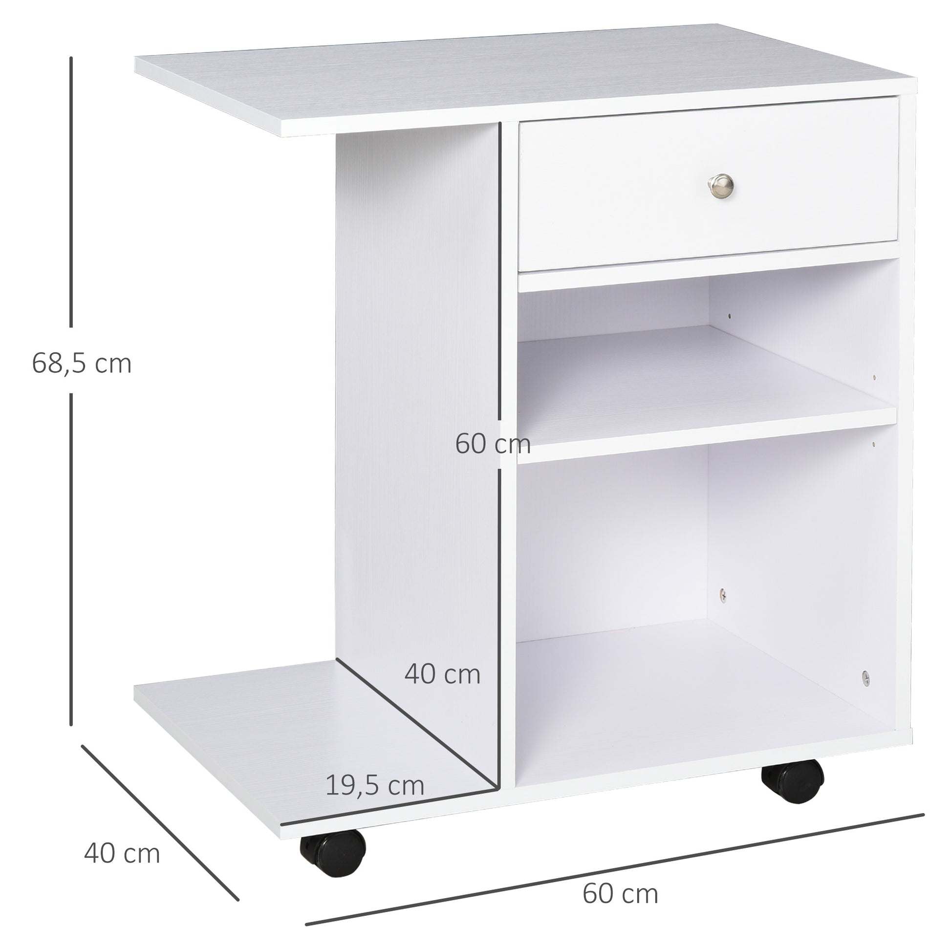 Office Printer Cabinet Multifunctional Cart with Wheels 2 Compartments Drawer and CPU Stand Adjustable Shelf for Study 60x40x68.5 cm White Woodgrain