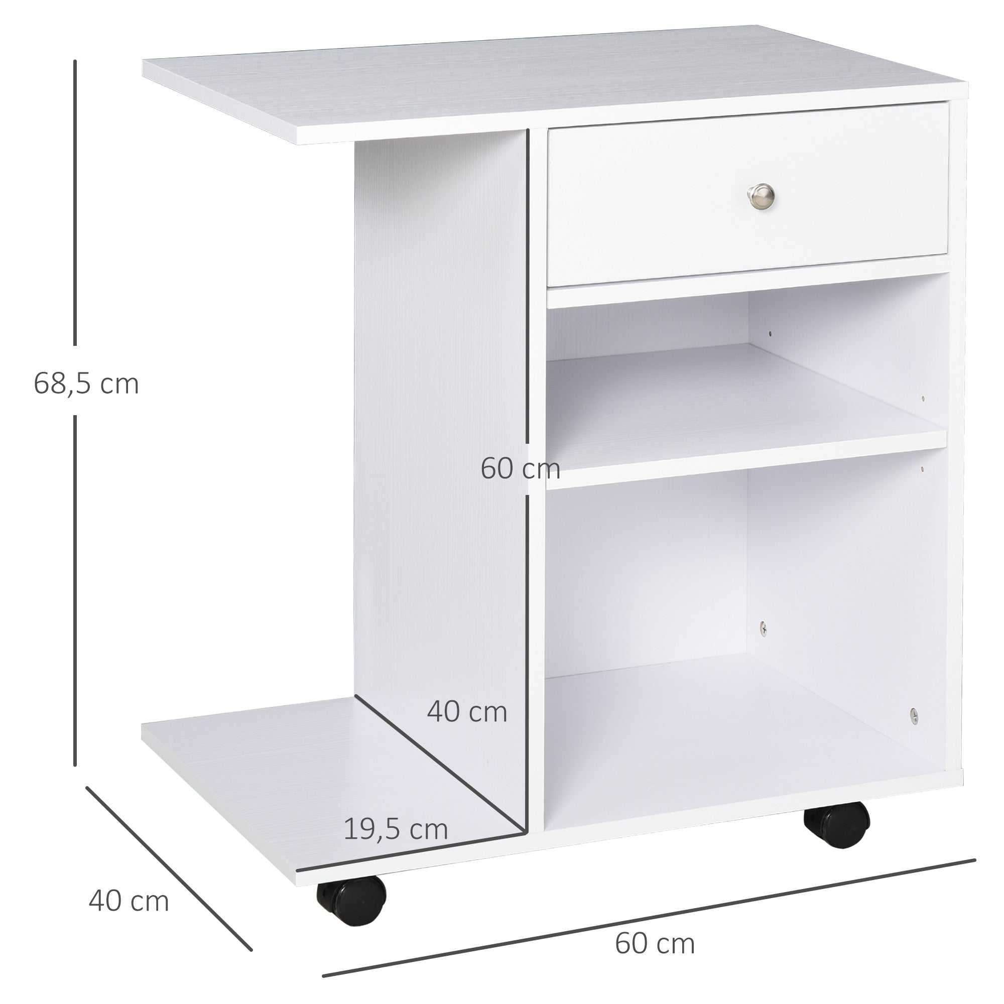 Office Printer Cabinet Multifunctional Cart with Wheels 2 Compartments Drawer and CPU Stand Adjustable Shelf for Study 60x40x68.5 cm White Woodgrain