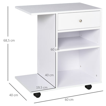 Office Printer Cabinet Multifunctional Cart with Wheels 2 Compartments Drawer and CPU Stand Adjustable Shelf for Study 60x40x68.5 cm White Woodgrain