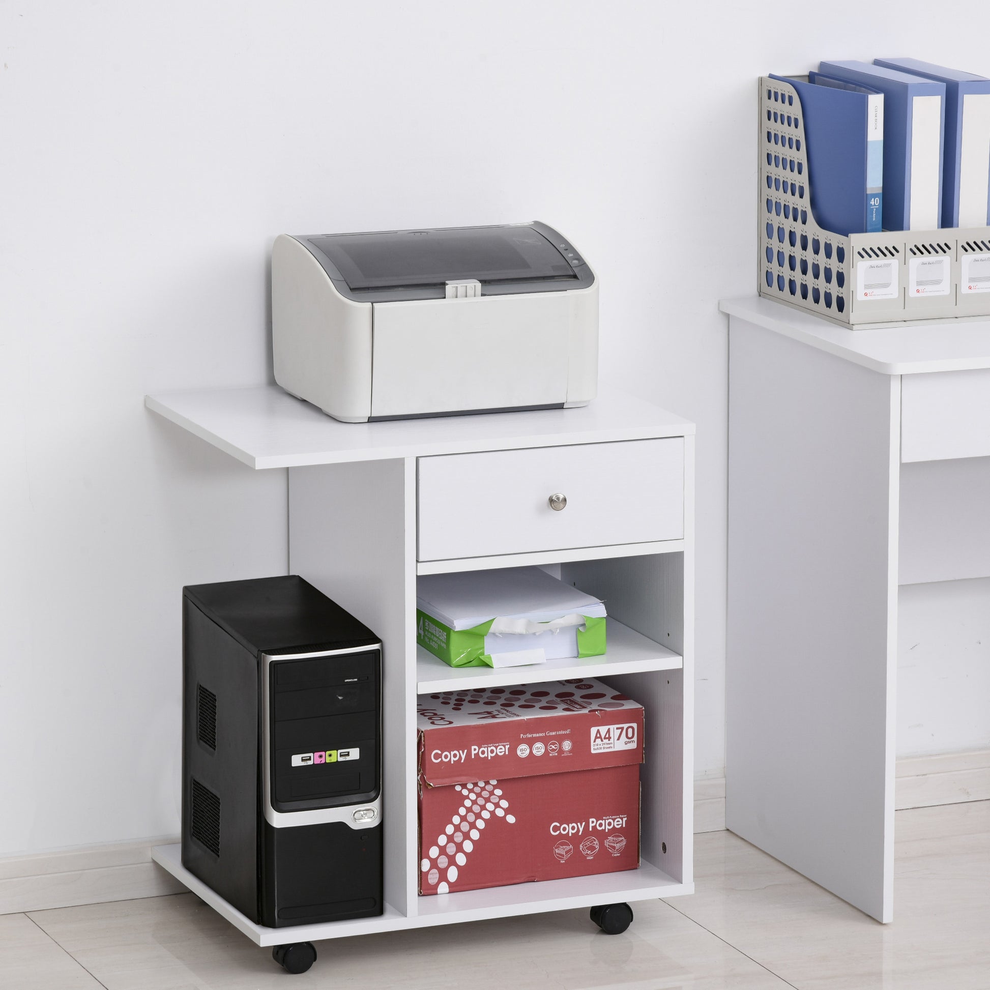 Office Printer Cabinet Multifunctional Cart with Wheels 2 Compartments Drawer and CPU Stand Adjustable Shelf for Study 60x40x68.5 cm White Woodgrain
