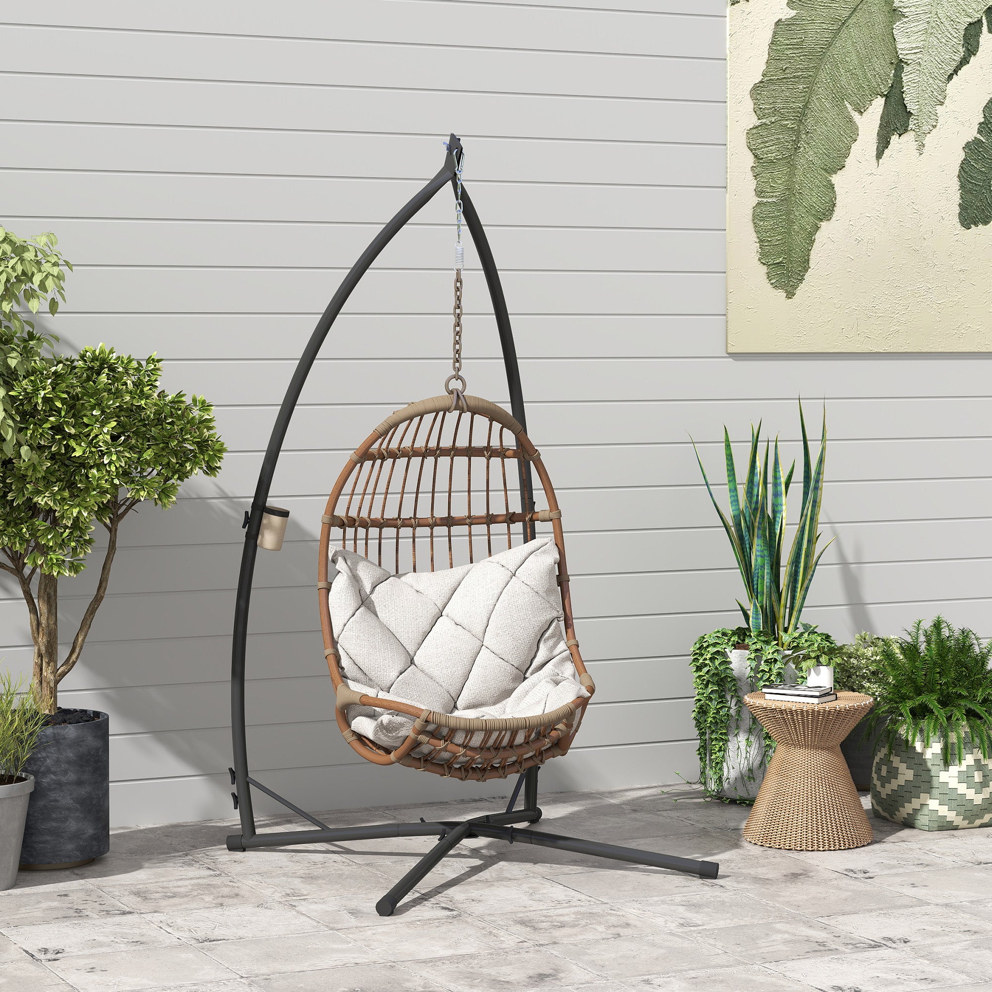 Egg Hanging Chair Stand Height 215 cm with Steel Structure Stable Base and Cup Holder Swing Chair Stand for Patio Garden Balcony Load 150 kg Black