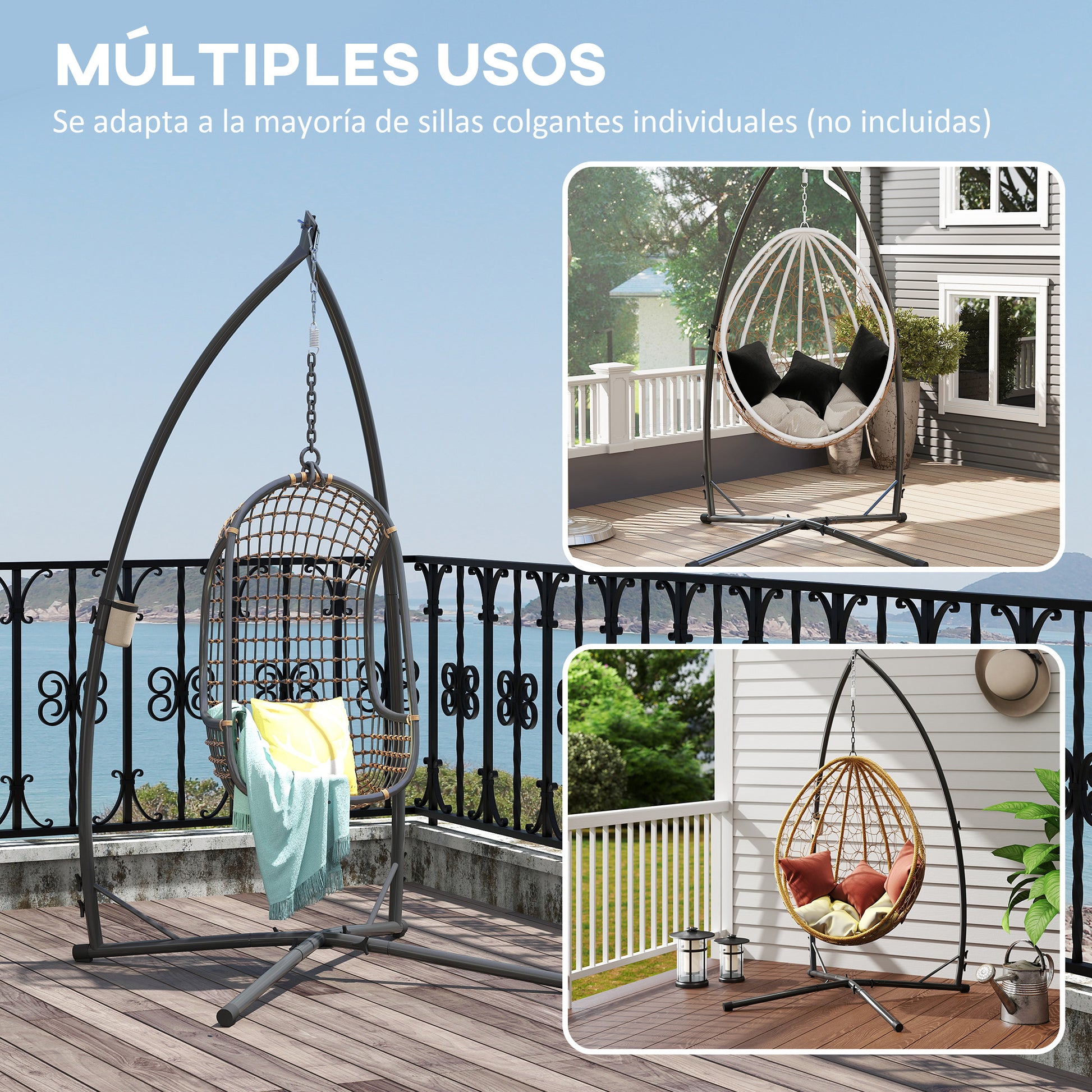 Egg Hanging Chair Stand Height 215 cm with Steel Structure Stable Base and Cup Holder Swing Chair Stand for Patio Garden Balcony Load 150 kg Black