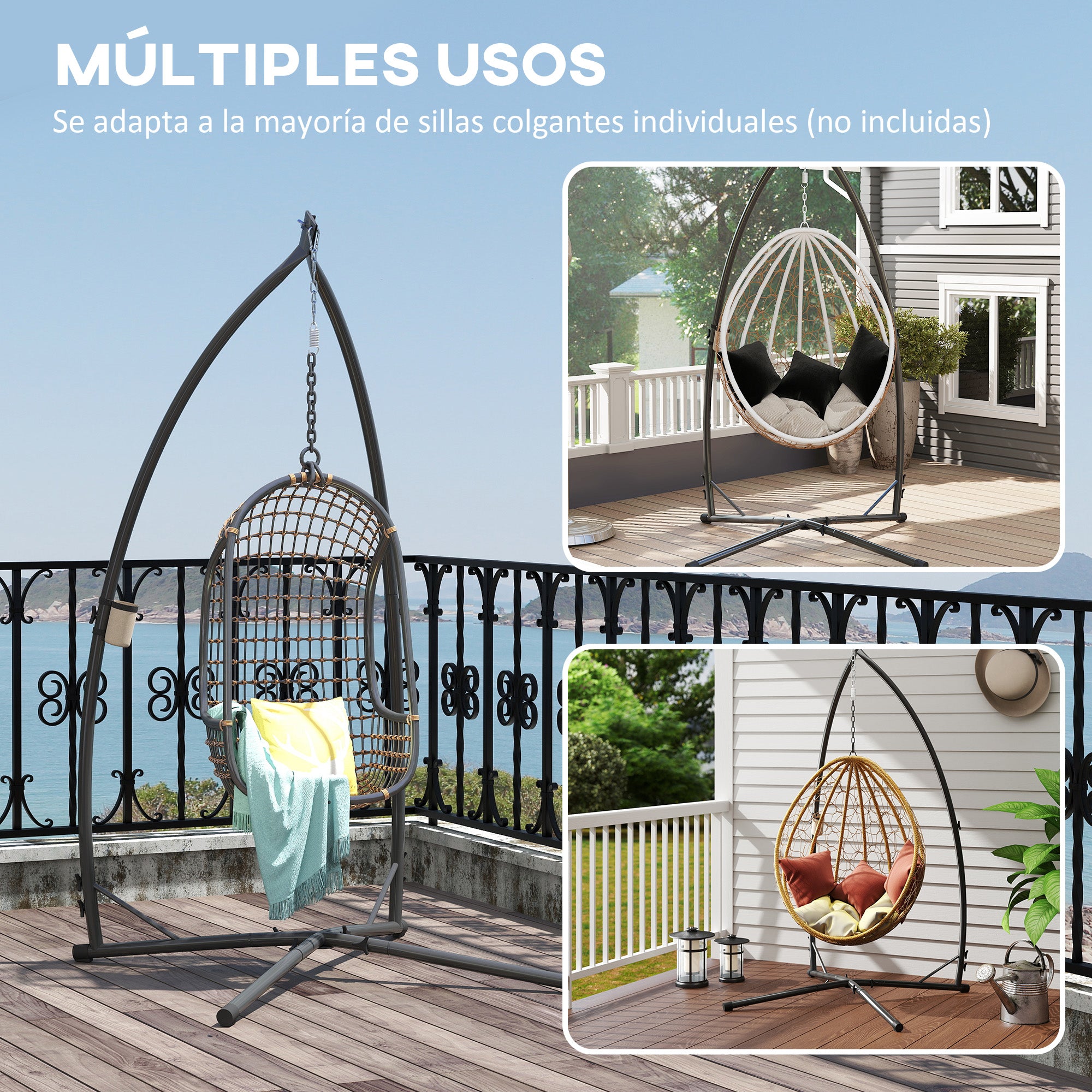 Egg Hanging Chair Stand Height 215 cm with Steel Structure Stable Base and Cup Holder Swing Chair Stand for Patio Garden Balcony Load 150 kg Black