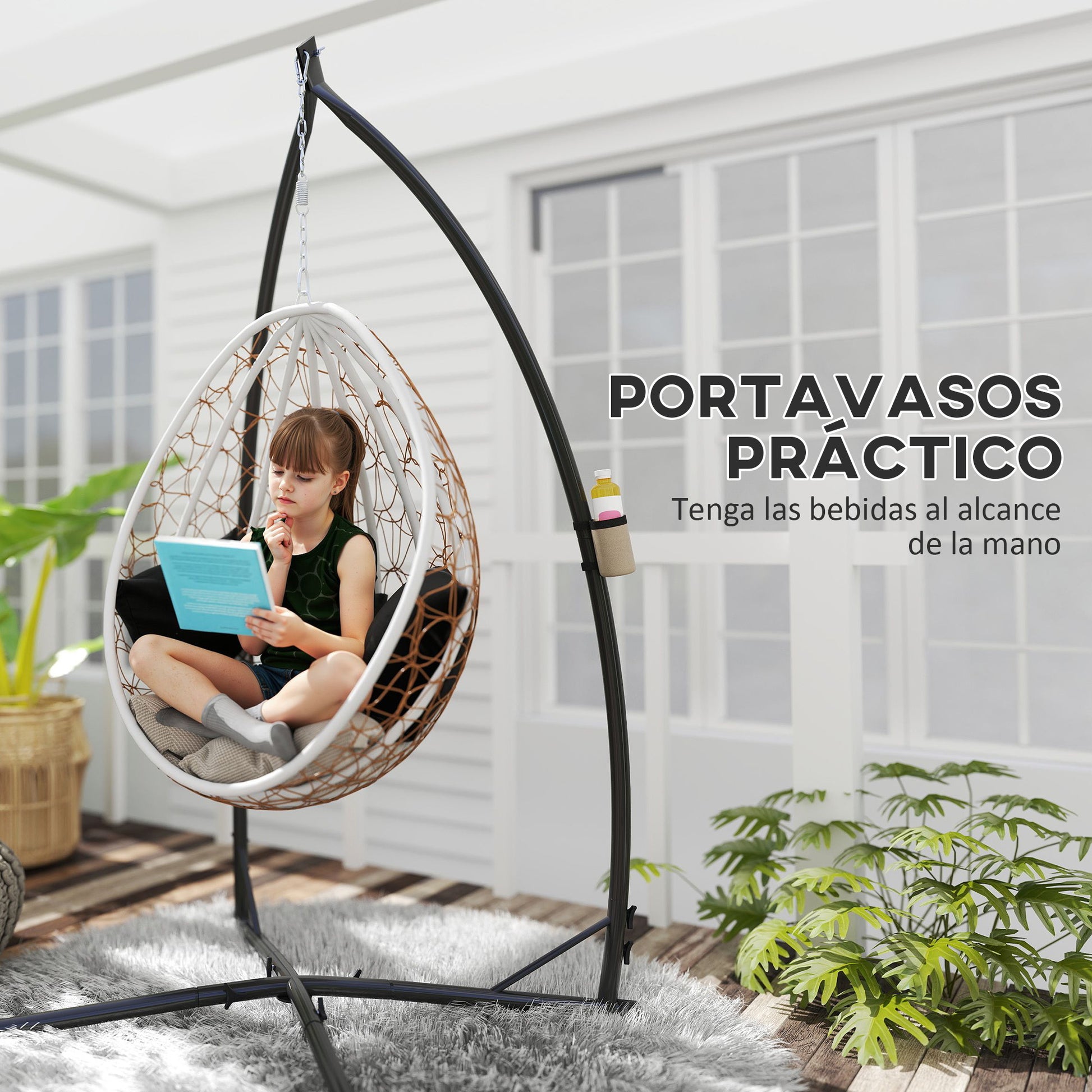 Egg Hanging Chair Stand Height 215 cm with Steel Structure Stable Base and Cup Holder Swing Chair Stand for Patio Garden Balcony Load 150 kg Black