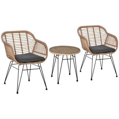 3-Piece PE Rattan Garden Furniture Set, Boho Style Outdoor Lounge with 2 Chairs with Cushions and Glass Shelf Coffee Table, Gray