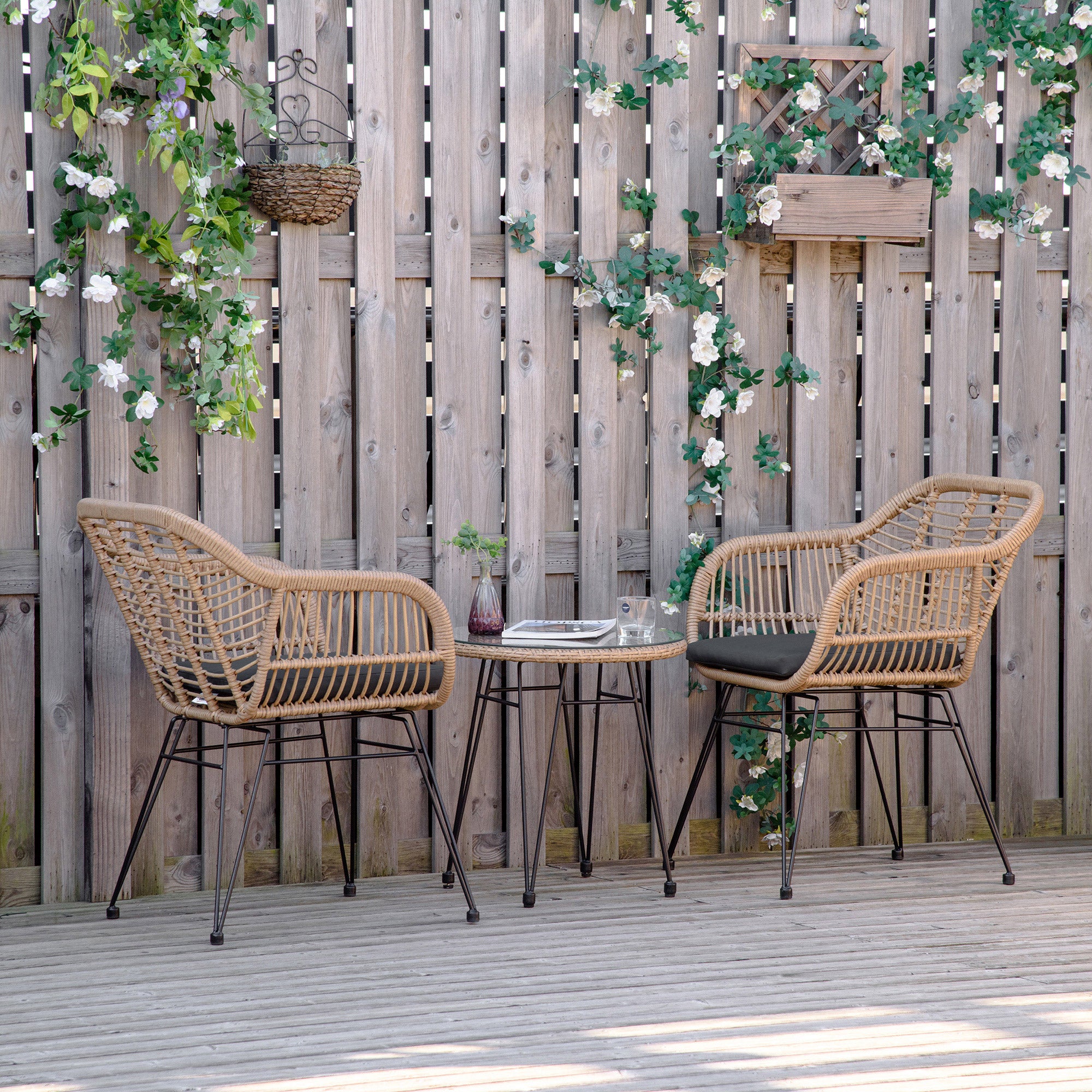 3-Piece PE Rattan Garden Furniture Set, Boho Style Outdoor Lounge with 2 Chairs with Cushions and Glass Shelf Coffee Table, Gray