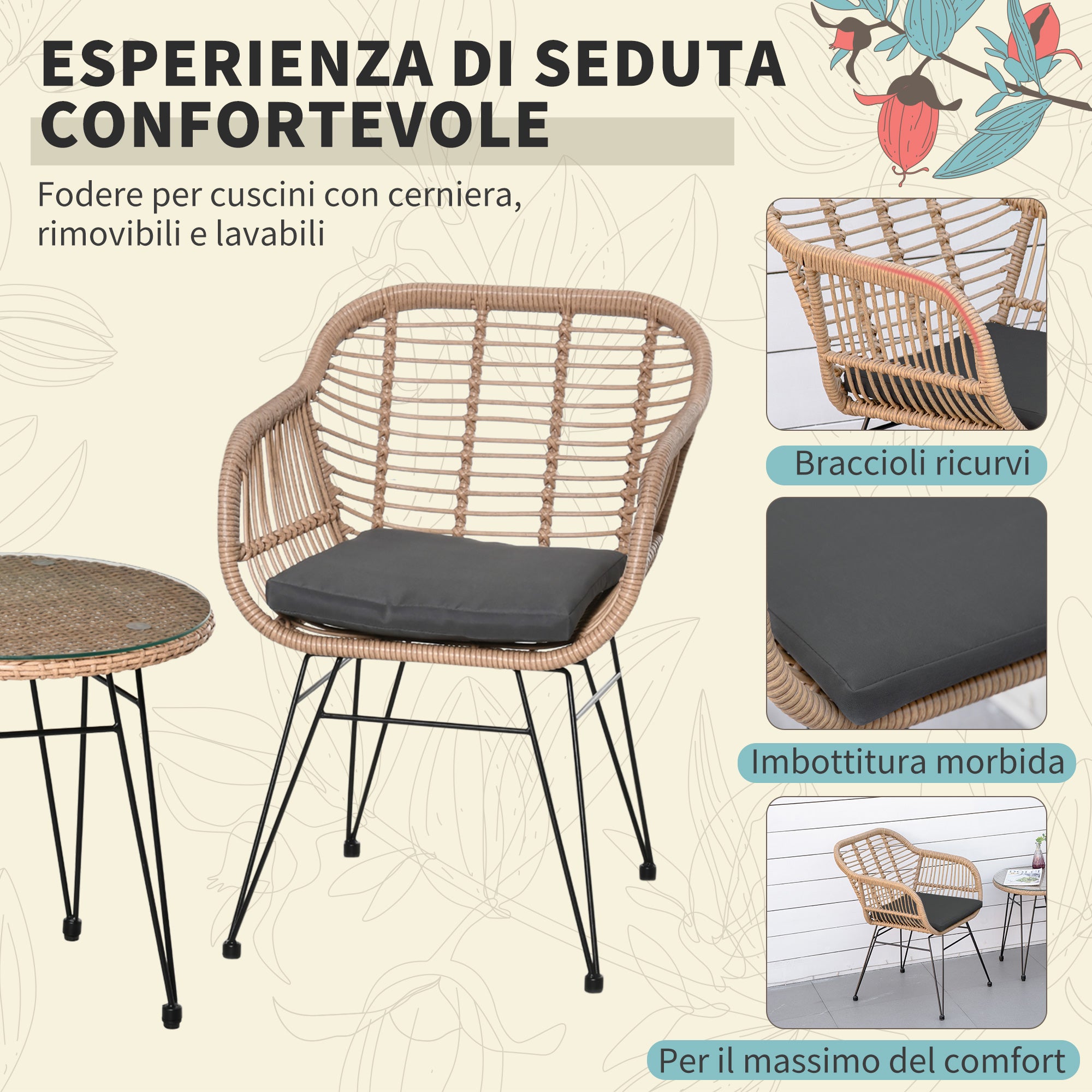 3-Piece PE Rattan Garden Furniture Set, Boho Style Outdoor Lounge with 2 Chairs with Cushions and Glass Shelf Coffee Table, Gray