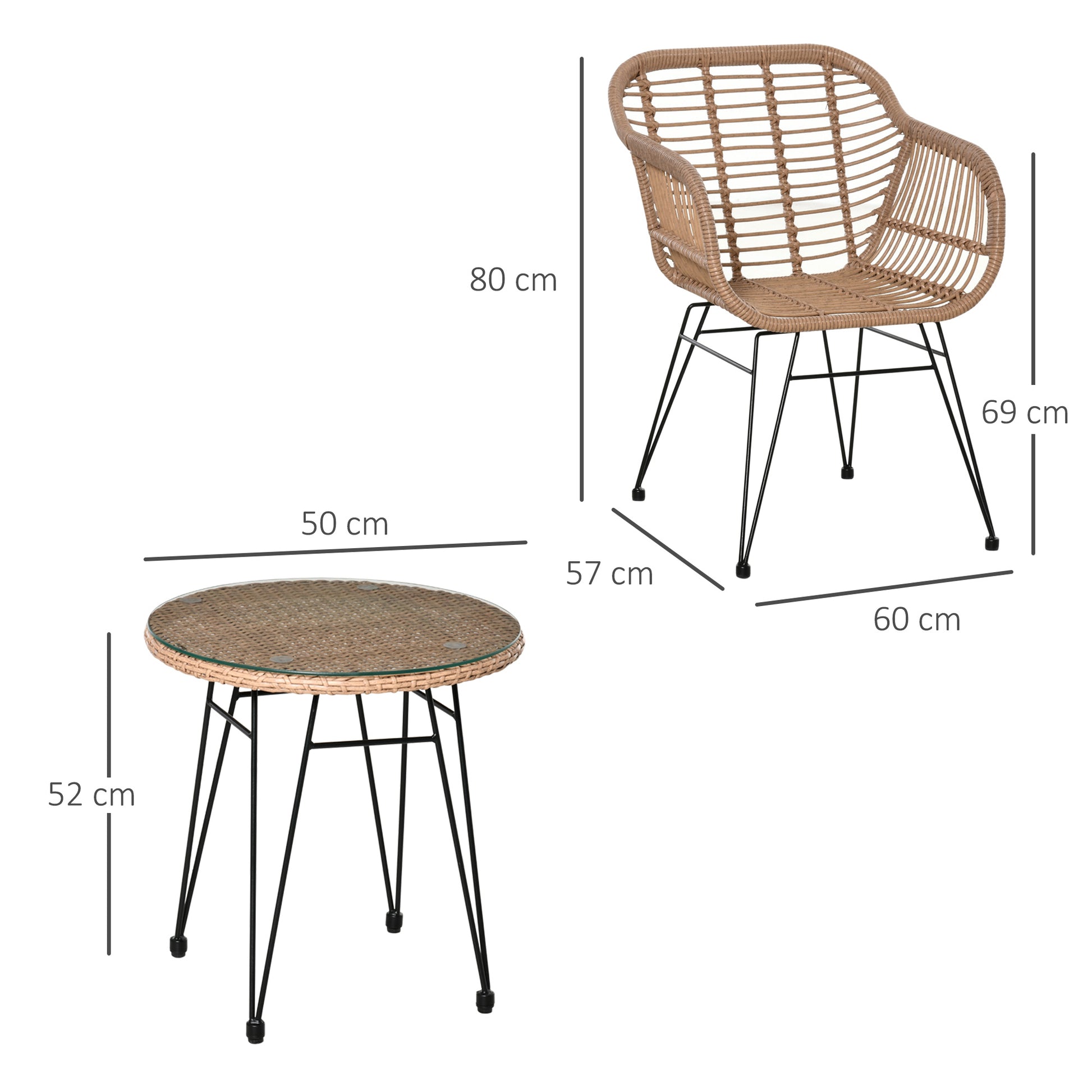 3-Piece PE Rattan Garden Furniture Set, Boho Style Outdoor Lounge with 2 Chairs with Cushions and Glass Shelf Coffee Table, Gray