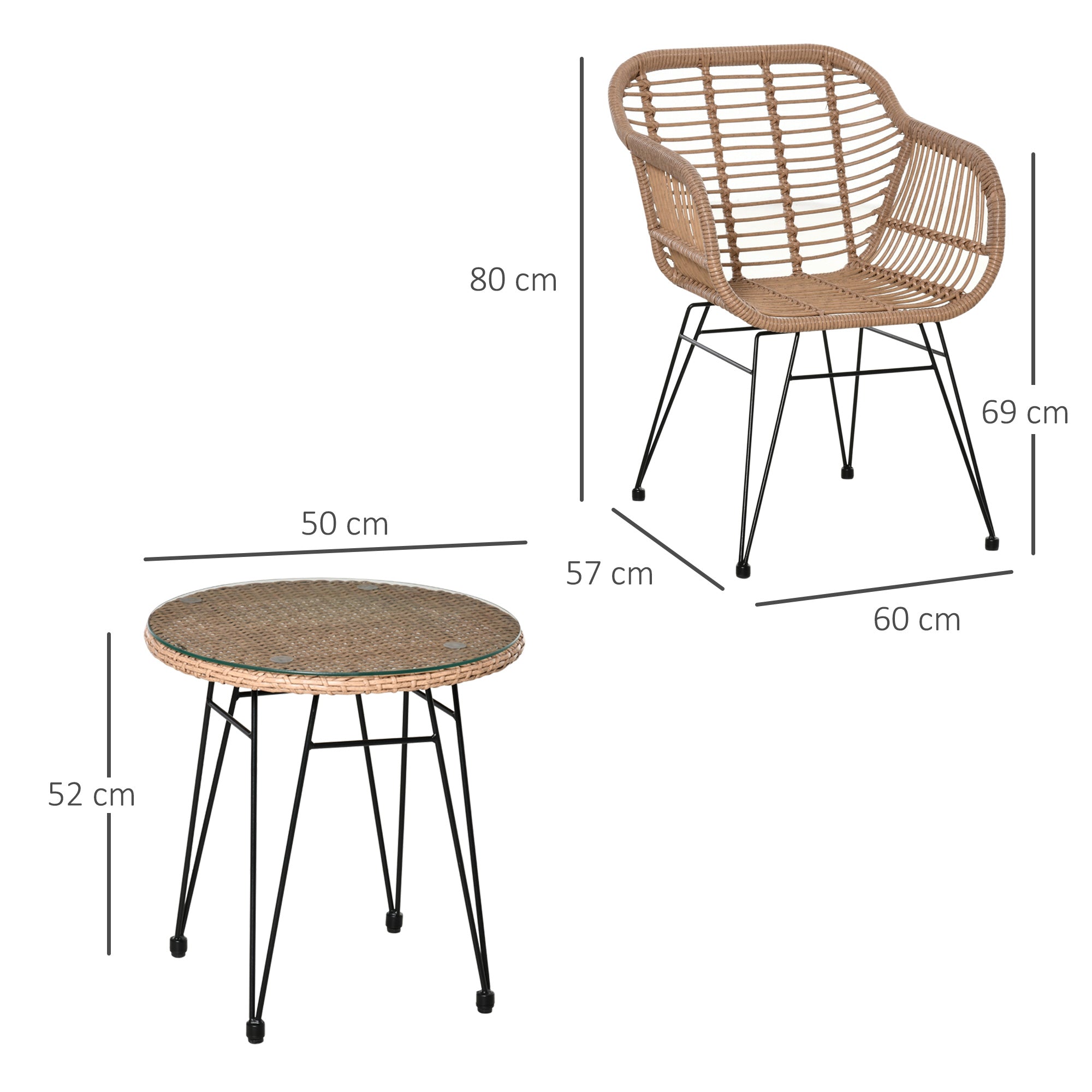 3-Piece PE Rattan Garden Furniture Set, Boho Style Outdoor Lounge with 2 Chairs with Cushions and Glass Shelf Coffee Table, Gray