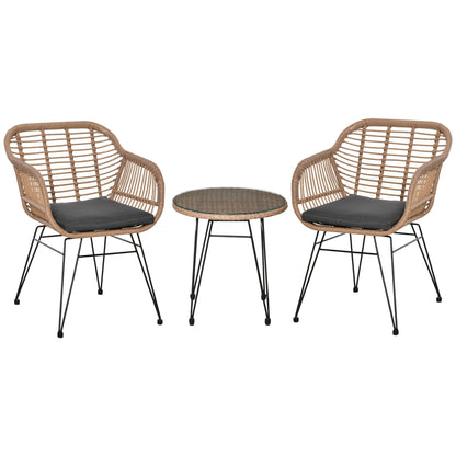 3-Piece PE Rattan Garden Furniture Set, Boho Style Outdoor Lounge with 2 Chairs with Cushions and Glass Shelf Coffee Table, Gray