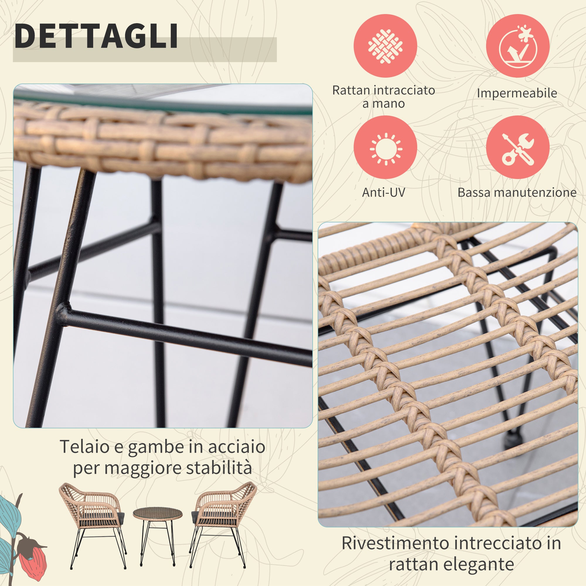 3-Piece PE Rattan Garden Furniture Set, Boho Style Outdoor Lounge with 2 Chairs with Cushions and Glass Shelf Coffee Table, Gray