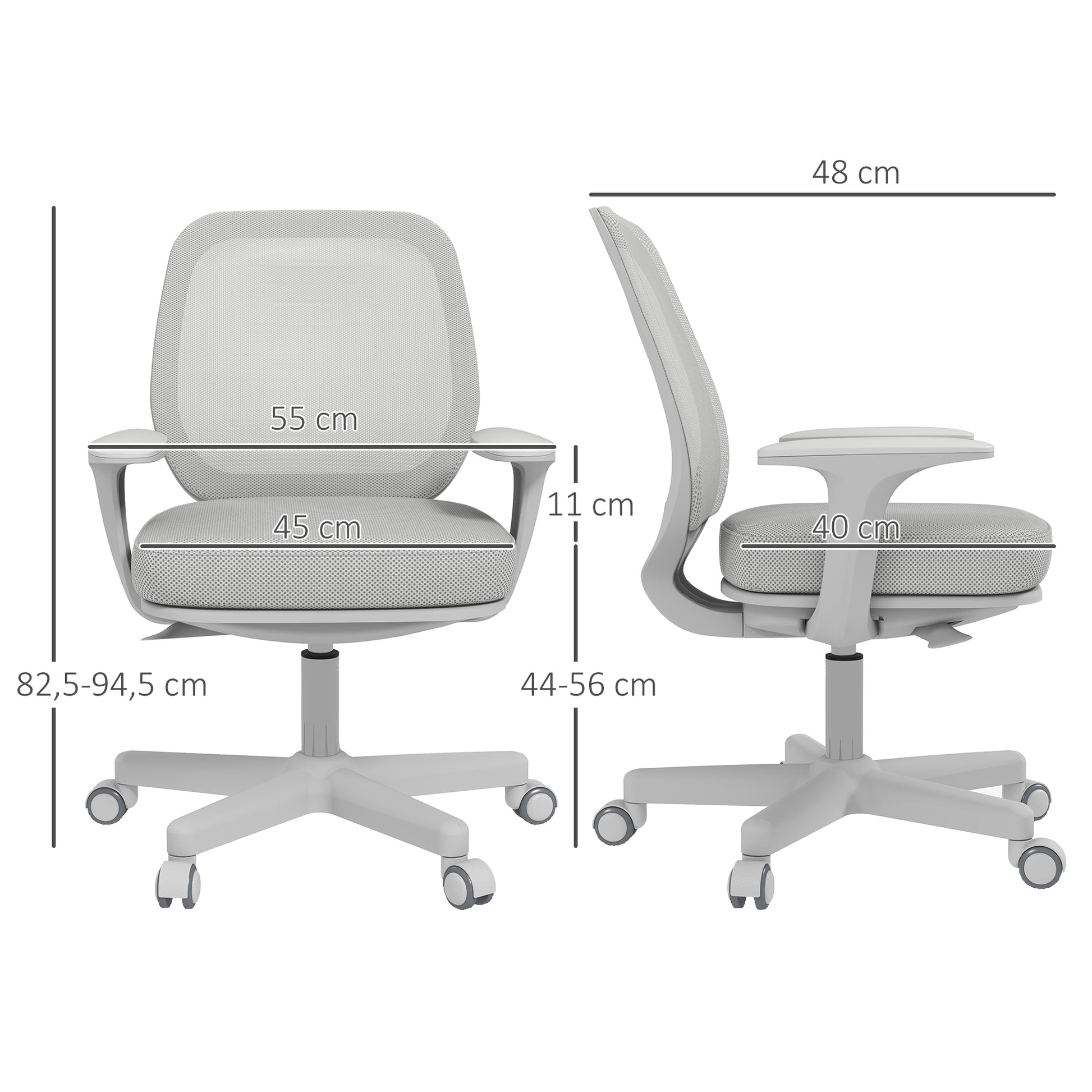 Office Chair Mesh Fabric Swivel Adjustable Height 360° Armrests on Wheels, Gray