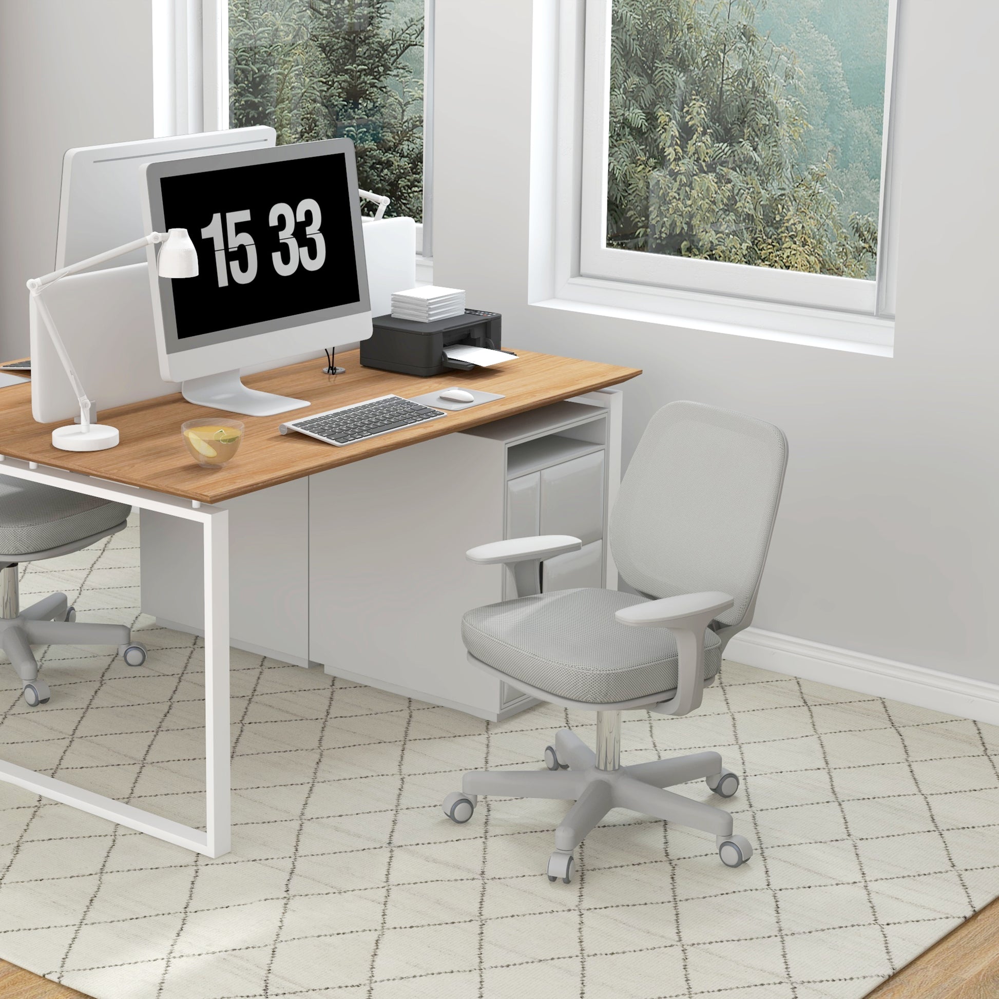 Office Chair Mesh Fabric Swivel Adjustable Height 360° Armrests on Wheels, Gray