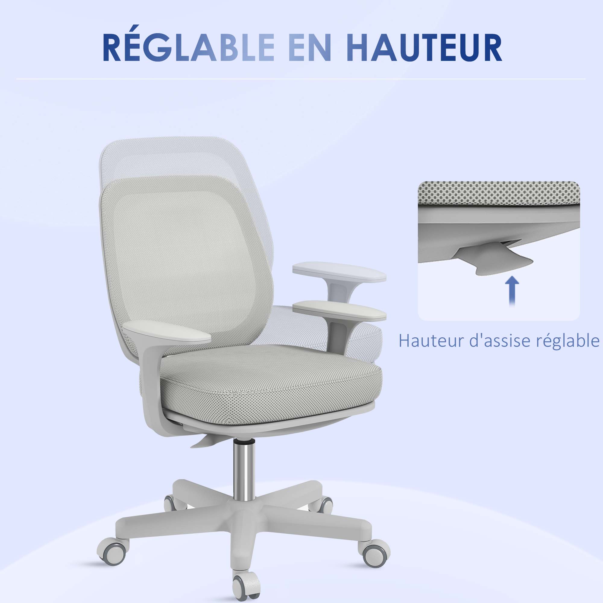 Office Chair Mesh Fabric Swivel Adjustable Height 360° Armrests on Wheels, Gray