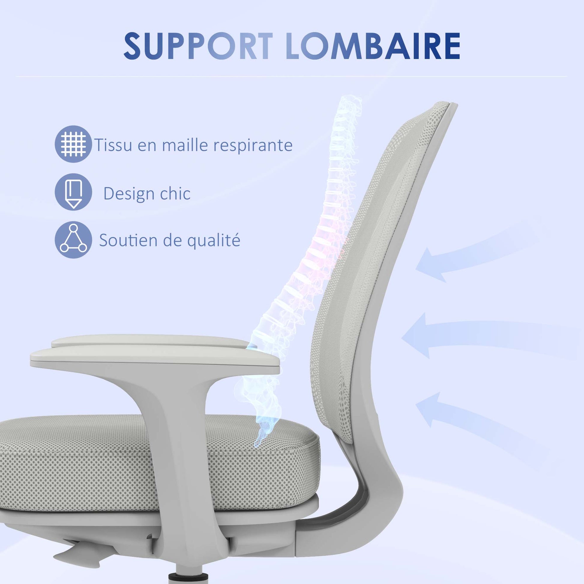 Office Chair Mesh Fabric Swivel Adjustable Height 360° Armrests on Wheels, Gray