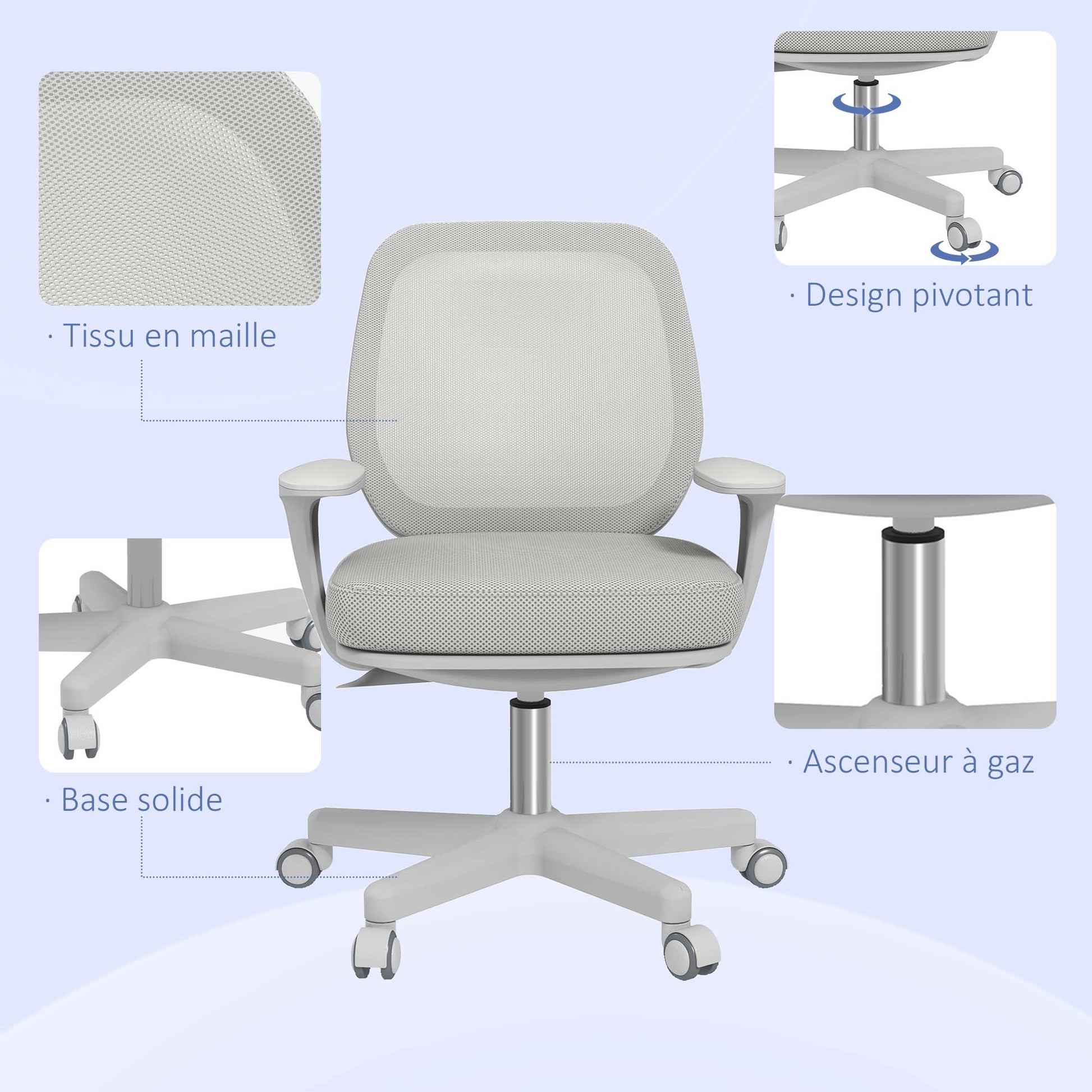 Office Chair Mesh Fabric Swivel Adjustable Height 360° Armrests on Wheels, Gray