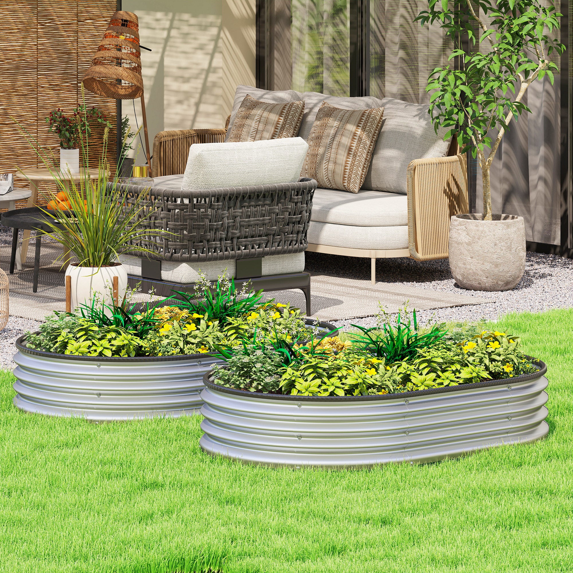 Metal Raised Beds Set of 2, 53.1 x 35.4 x 11.8 in — Oval Open-Bottom Planters with Rubber Safety Rim, Gloves Included, Modular Garden Planter for Vegetables, Fruits, Flowers, Herbs, Silver