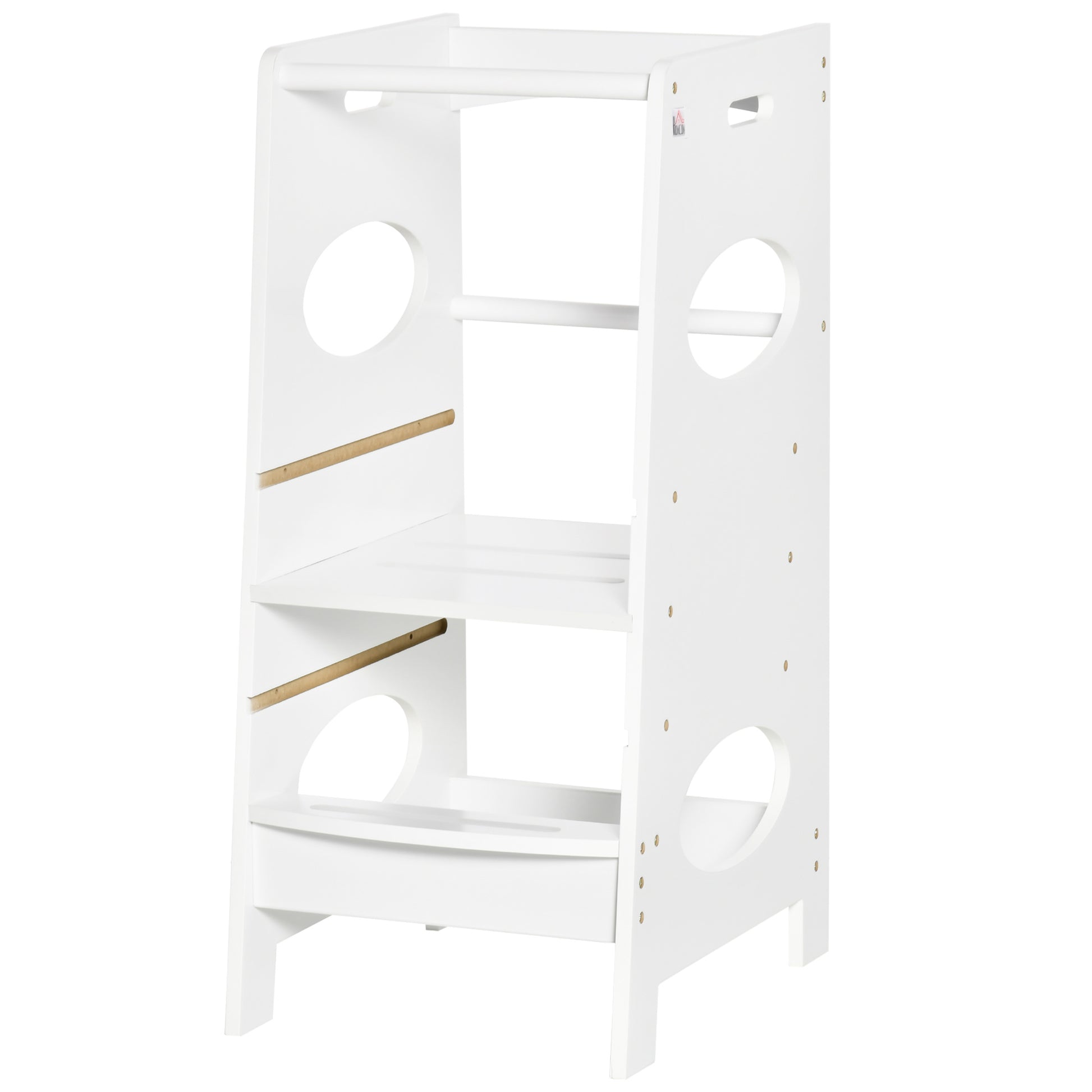 Wooden Learning Tower for Kids Children's Kitchen Stool with Adjustable Height in 3 Positions and Safety Bar 40x50x90 cm White