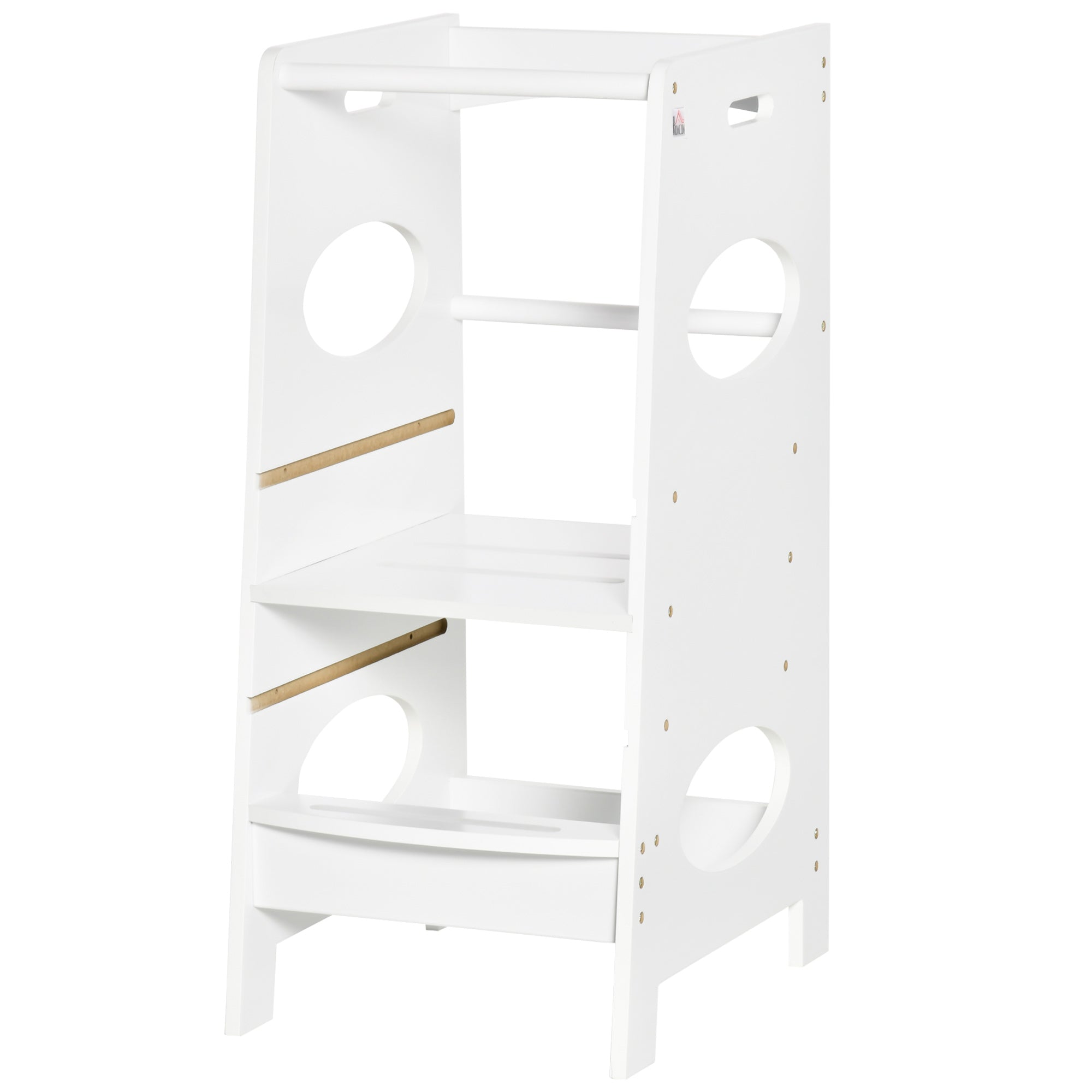 Wooden Learning Tower for Kids Children's Kitchen Stool with Adjustable Height in 3 Positions and Safety Bar 40x50x90 cm White
