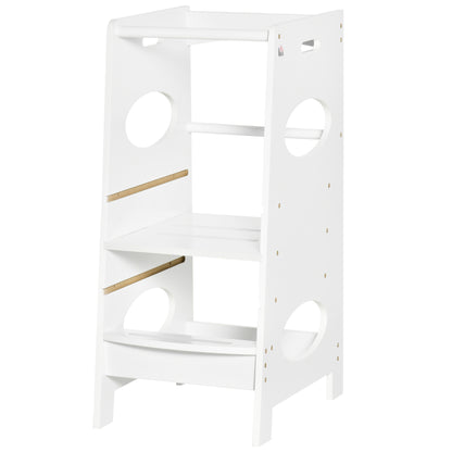 Wooden Learning Tower for Kids Children's Kitchen Stool with Adjustable Height in 3 Positions and Safety Bar 40x50x90 cm White