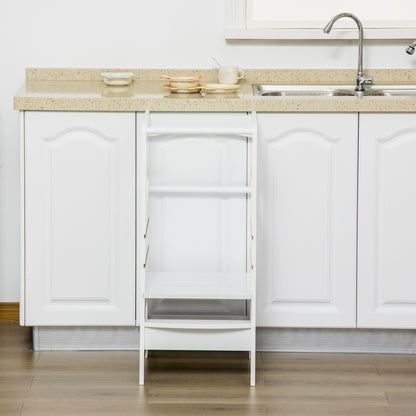 Wooden Learning Tower for Kids Children's Kitchen Stool with Adjustable Height in 3 Positions and Safety Bar 40x50x90 cm White