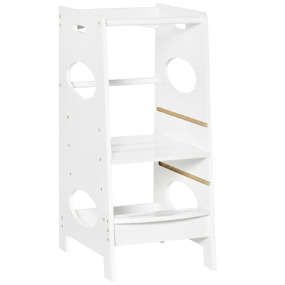 Wooden Learning Tower for Kids Children's Kitchen Stool with Adjustable Height in 3 Positions and Safety Bar 40x50x90 cm White