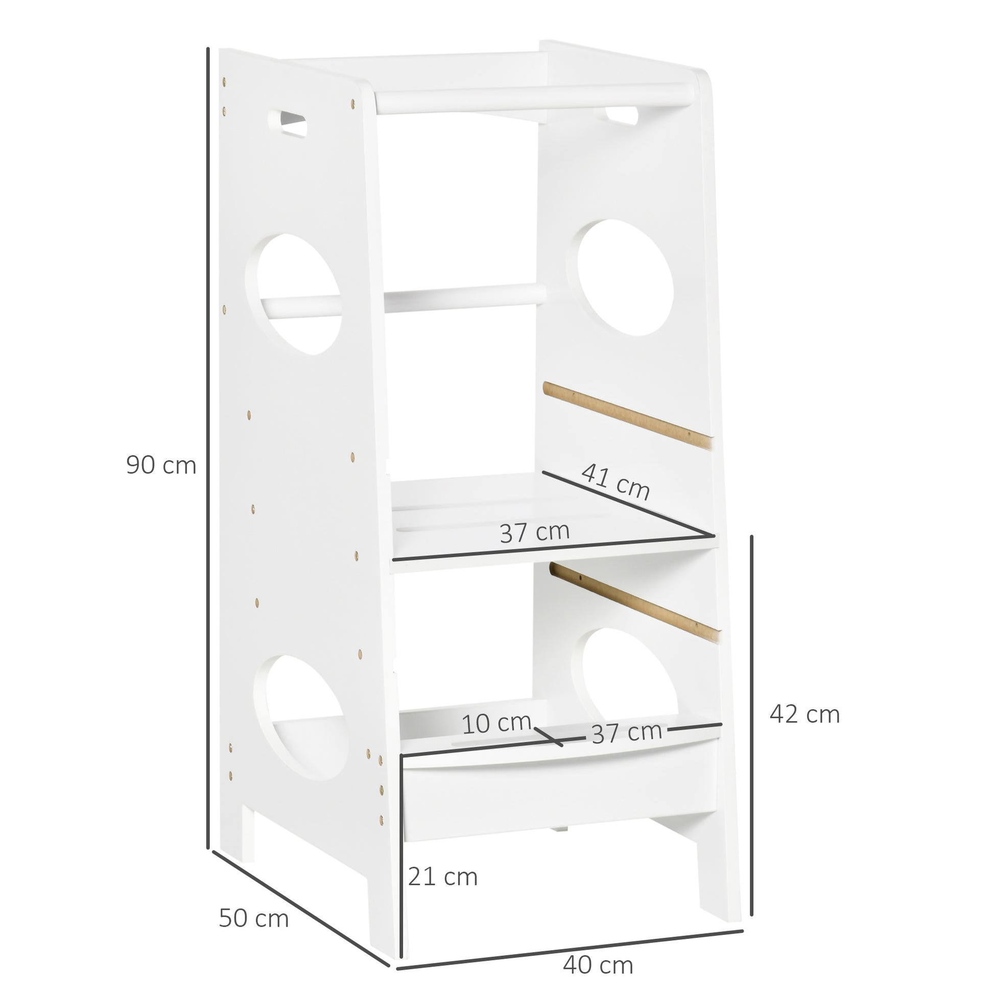 Wooden Learning Tower for Kids Children's Kitchen Stool with Adjustable Height in 3 Positions and Safety Bar 40x50x90 cm White