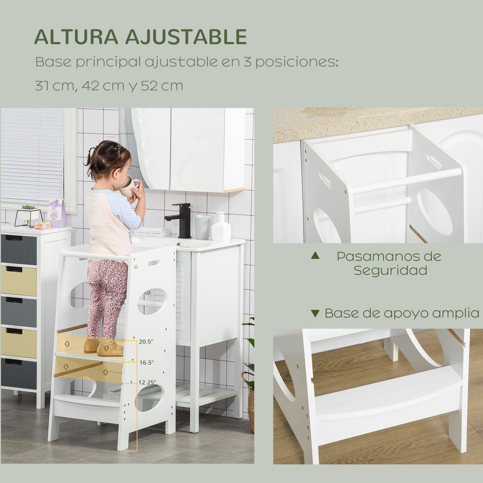 Wooden Learning Tower for Kids Children's Kitchen Stool with Adjustable Height in 3 Positions and Safety Bar 40x50x90 cm White