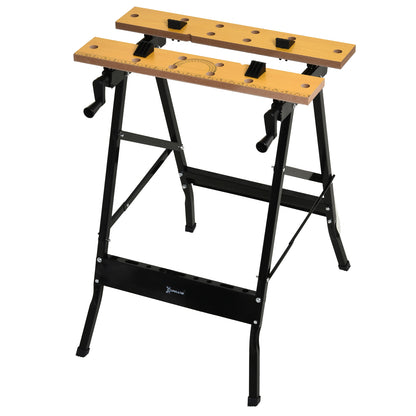 Folding Workbench Work Table with Clamps 2 Hand Cranks as Sawhorse Carpenter Iron MDF Supports 100 kg 60.5x62.5x78.5 cm Natural and Black
