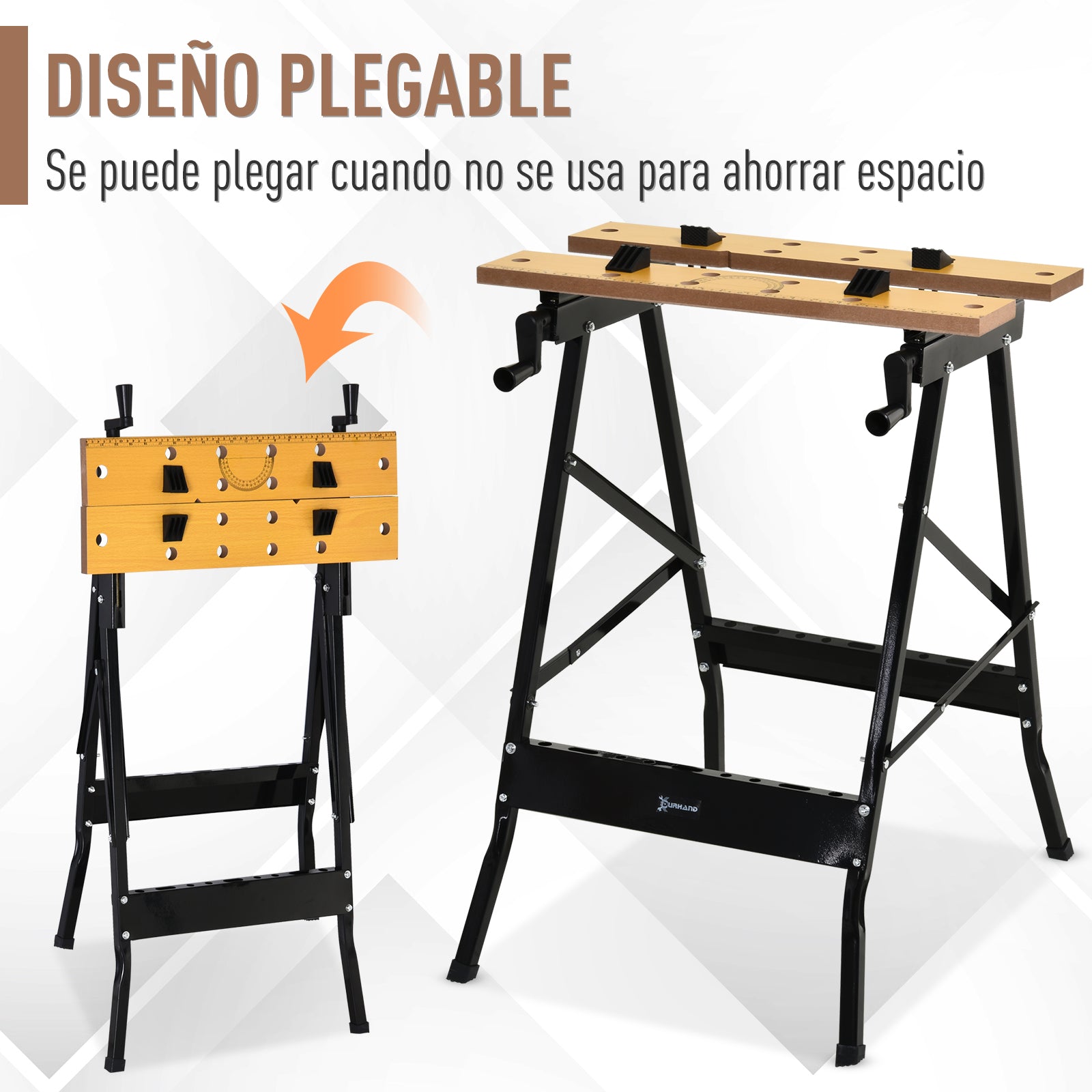 Folding Workbench Work Table with Clamps 2 Hand Cranks as Sawhorse Carpenter Iron MDF Supports 100 kg 60.5x62.5x78.5 cm Natural and Black