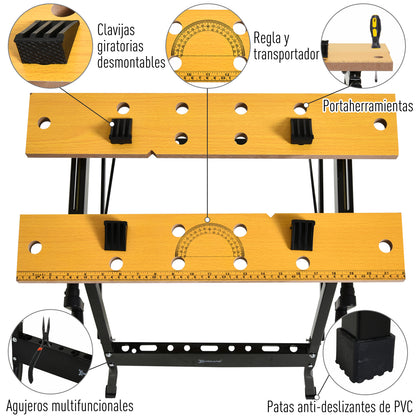Folding Workbench Work Table with Clamps 2 Hand Cranks as Sawhorse Carpenter Iron MDF Supports 100 kg 60.5x62.5x78.5 cm Natural and Black