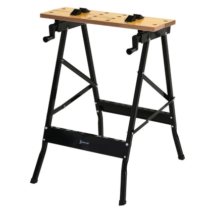 Folding Workbench Work Table with Clamps 2 Hand Cranks as Sawhorse Carpenter Iron MDF Supports 100 kg 60.5x62.5x78.5 cm Natural and Black