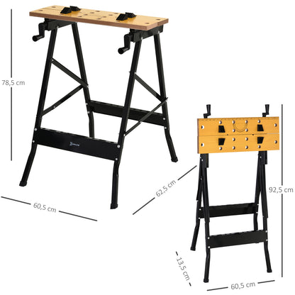 Folding Workbench Work Table with Clamps 2 Hand Cranks as Sawhorse Carpenter Iron MDF Supports 100 kg 60.5x62.5x78.5 cm Natural and Black