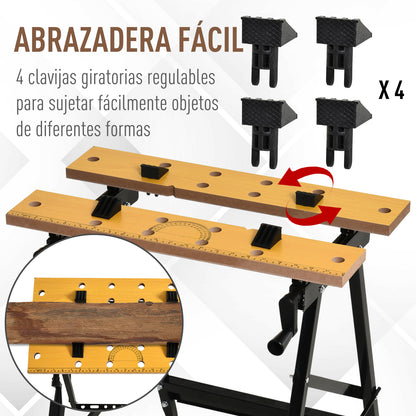 Folding Workbench Work Table with Clamps 2 Hand Cranks as Sawhorse Carpenter Iron MDF Supports 100 kg 60.5x62.5x78.5 cm Natural and Black