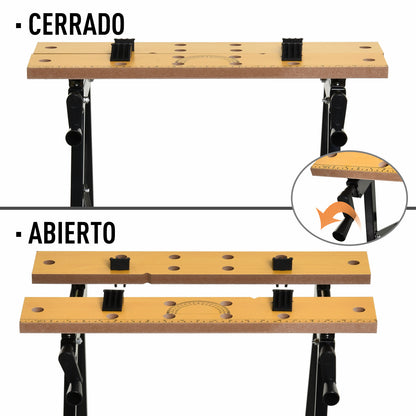 Folding Workbench Work Table with Clamps 2 Hand Cranks as Sawhorse Carpenter Iron MDF Supports 100 kg 60.5x62.5x78.5 cm Natural and Black
