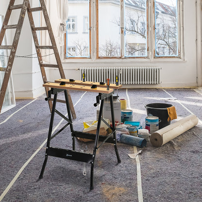 Folding Workbench Work Table with Clamps 2 Hand Cranks as Sawhorse Carpenter Iron MDF Supports 100 kg 60.5x62.5x78.5 cm Natural and Black