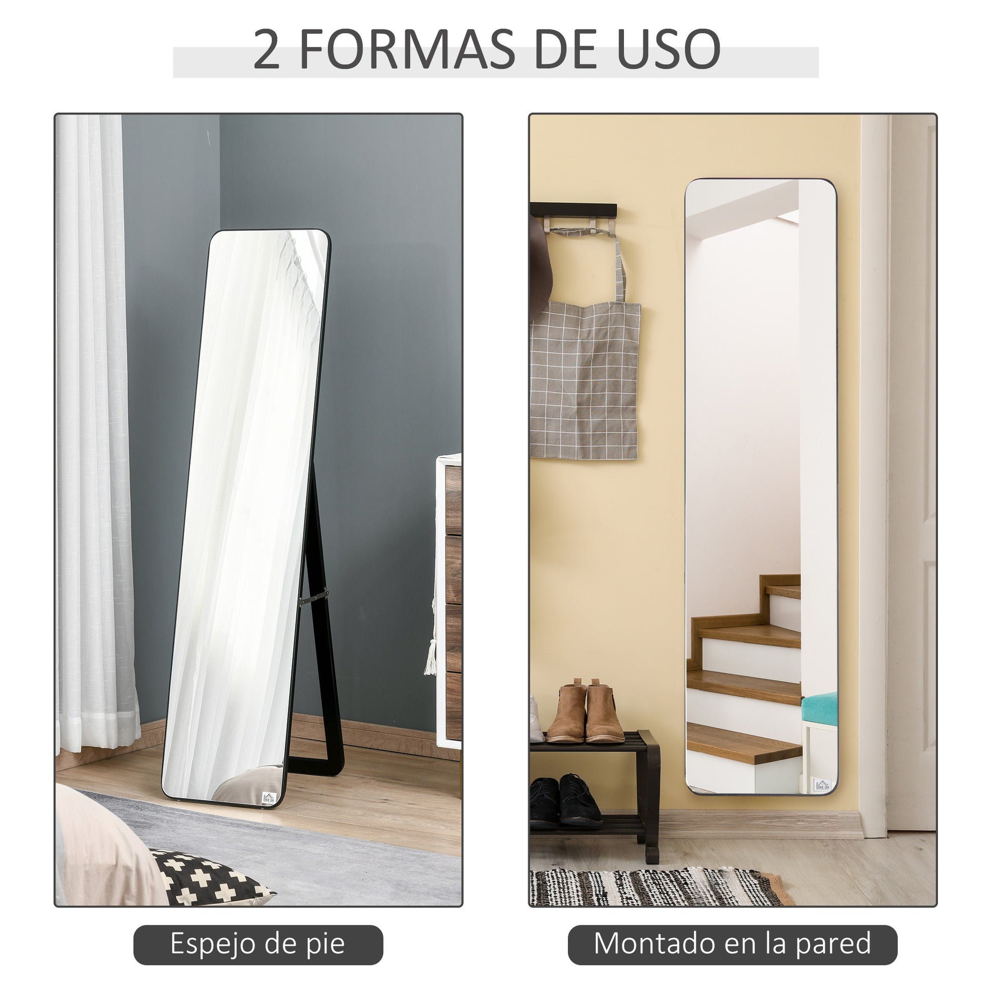 Full Body Rectangular Floor Mirror Wall Mirror with 2 Installation Modes Modern Pine Wood Frame for Hallway Bedroom Living Room 37x43x156 cm Black