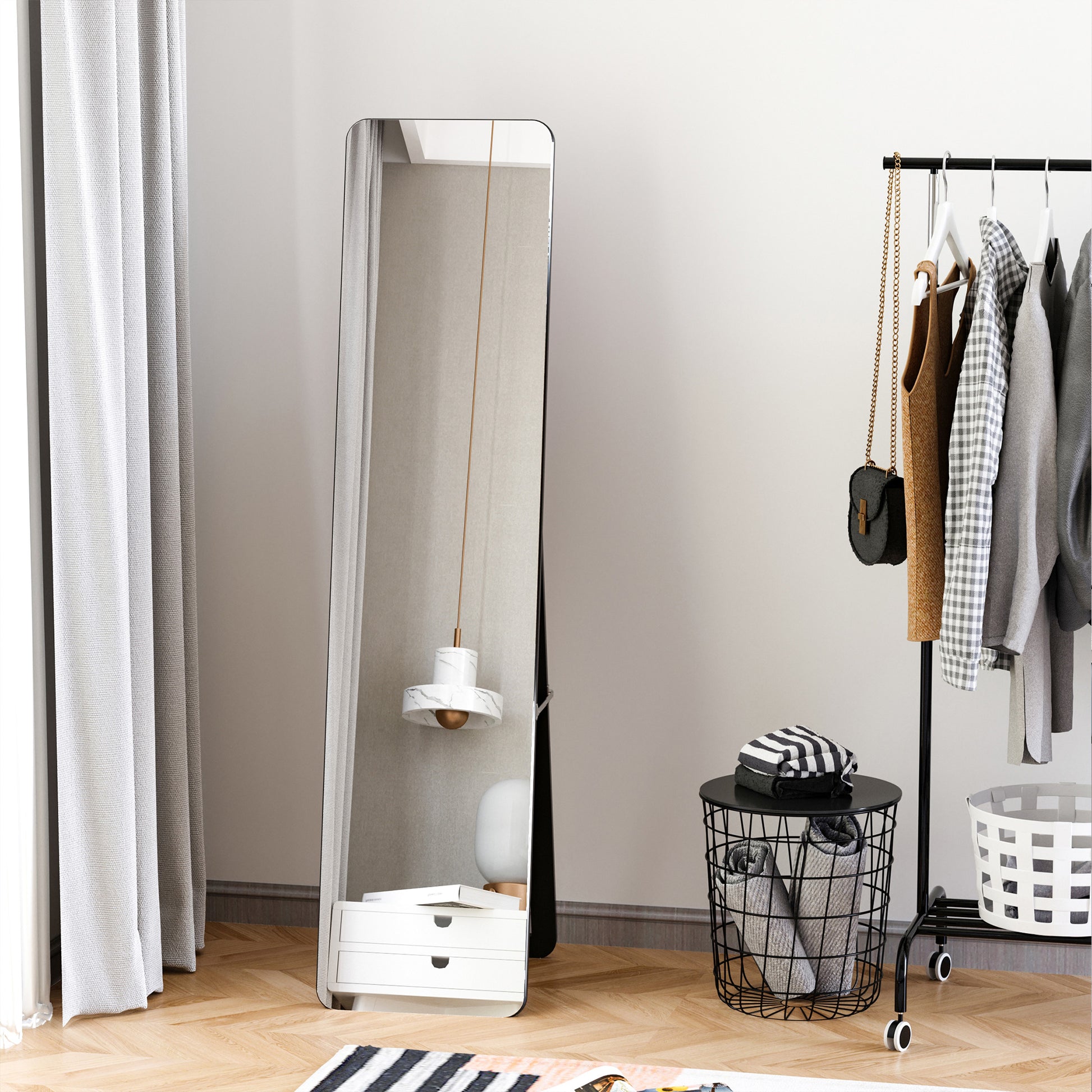 Full Body Rectangular Floor Mirror Wall Mirror with 2 Installation Modes Modern Pine Wood Frame for Hallway Bedroom Living Room 37x43x156 cm Black