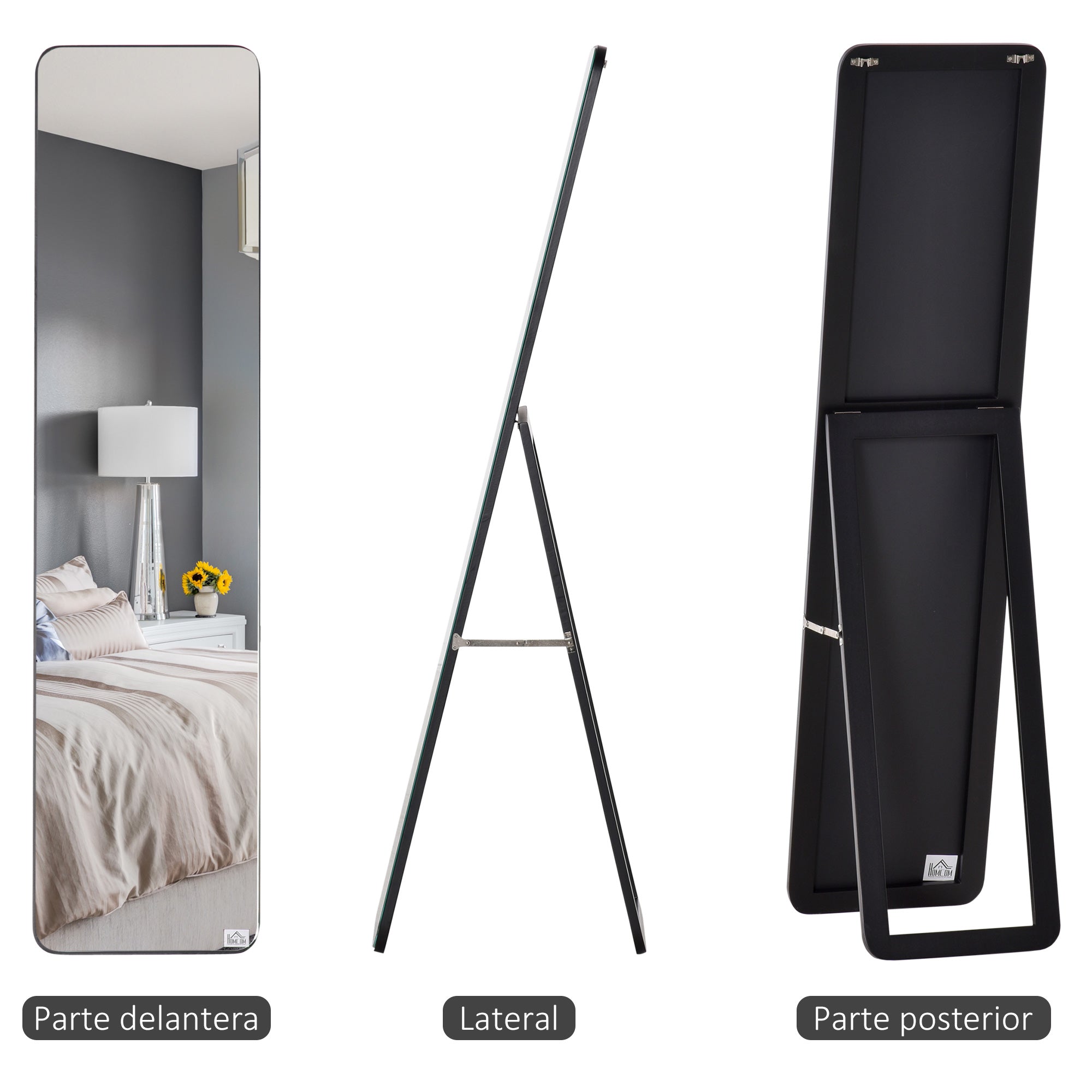 Full Body Rectangular Floor Mirror Wall Mirror with 2 Installation Modes Modern Pine Wood Frame for Hallway Bedroom Living Room 37x43x156 cm Black