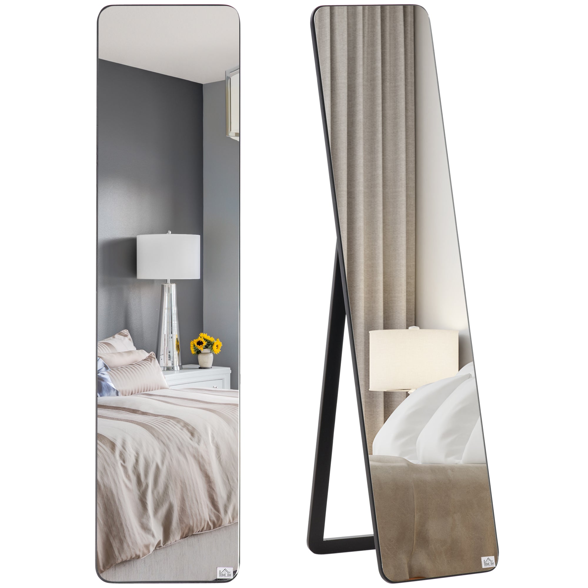Full Body Rectangular Floor Mirror Wall Mirror with 2 Installation Modes Modern Pine Wood Frame for Hallway Bedroom Living Room 37x43x156 cm Black