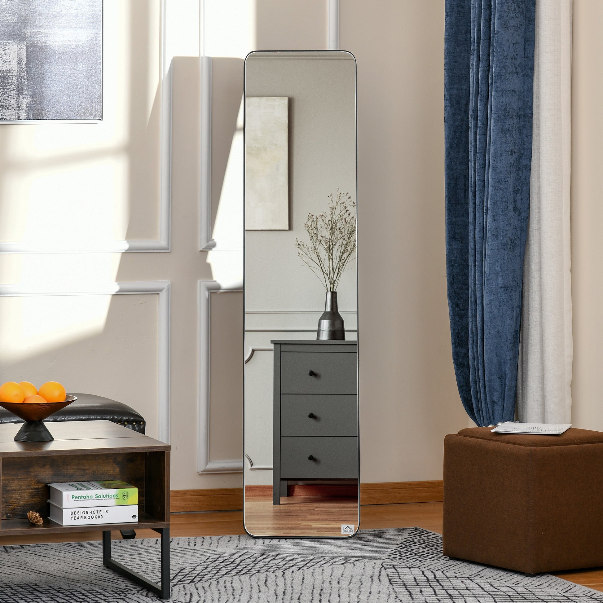 Full Body Rectangular Floor Mirror Wall Mirror with 2 Installation Modes Modern Pine Wood Frame for Hallway Bedroom Living Room 37x43x156 cm Black