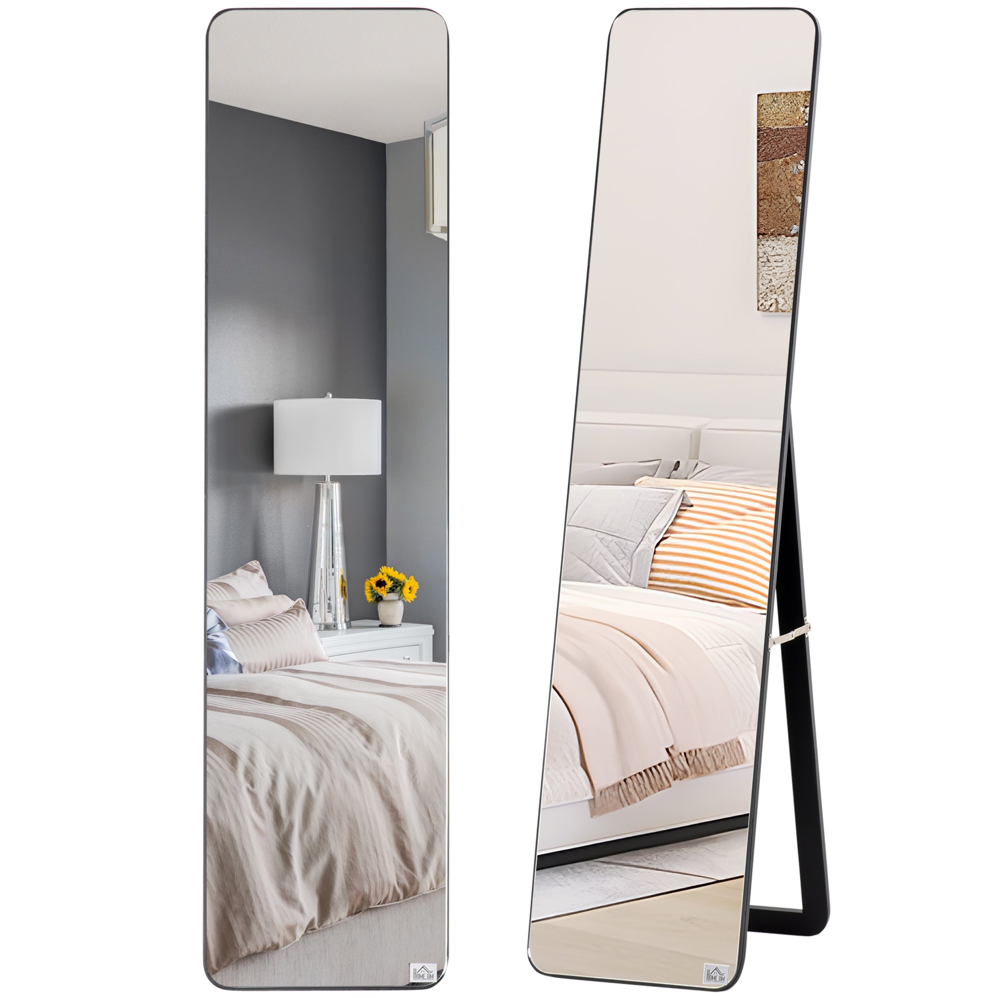 Full Body Rectangular Floor Mirror Wall Mirror with 2 Installation Modes Modern Pine Wood Frame for Hallway Bedroom Living Room 37x43x156 cm Black