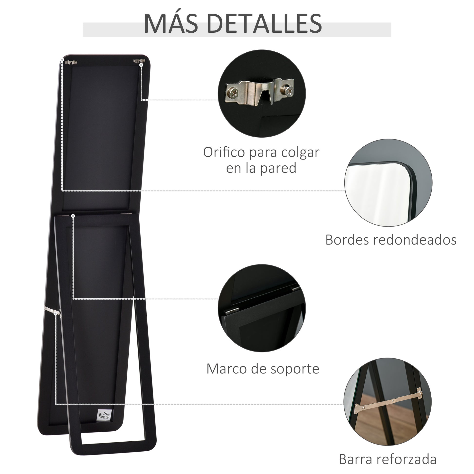 Full Body Rectangular Floor Mirror Wall Mirror with 2 Installation Modes Modern Pine Wood Frame for Hallway Bedroom Living Room 37x43x156 cm Black