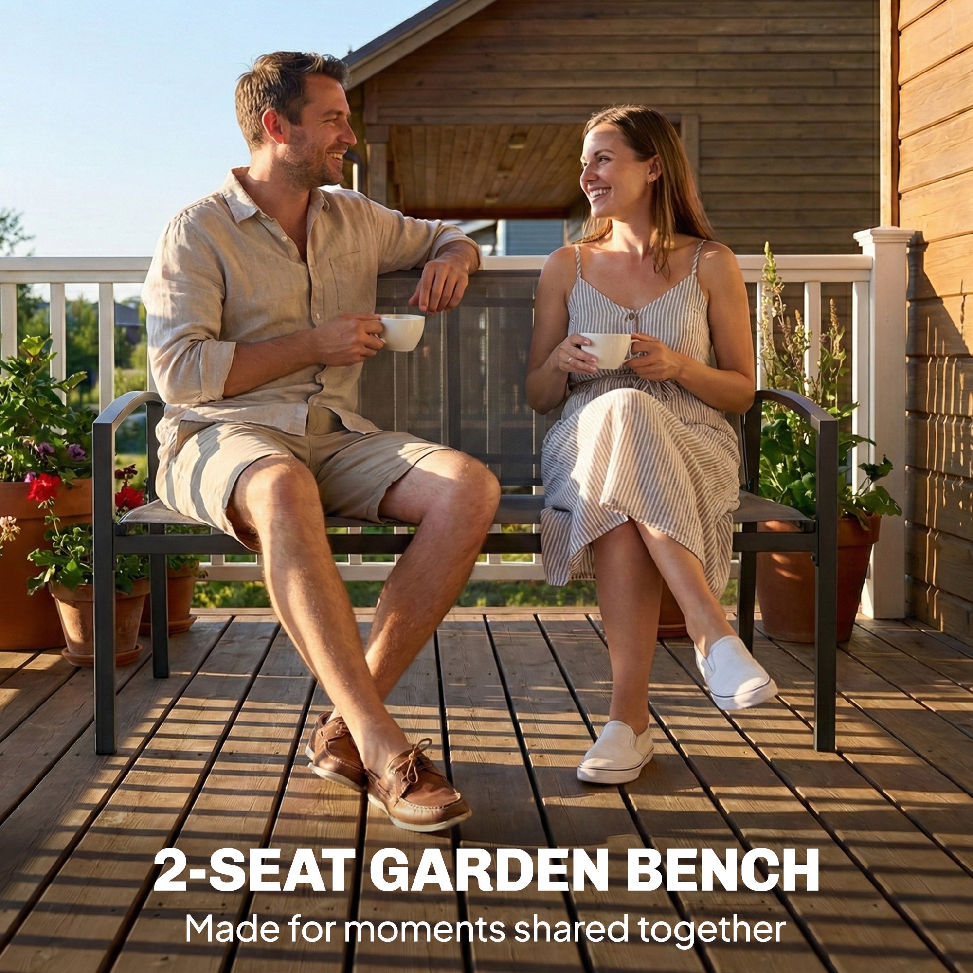 2-Seater Weather-Resistant Metal Outdoor Bench with Breathable Mesh Seat and Curved Armrests — Ergonomic, Up to 485 lb (112 x 66 x 80 cm), Gray