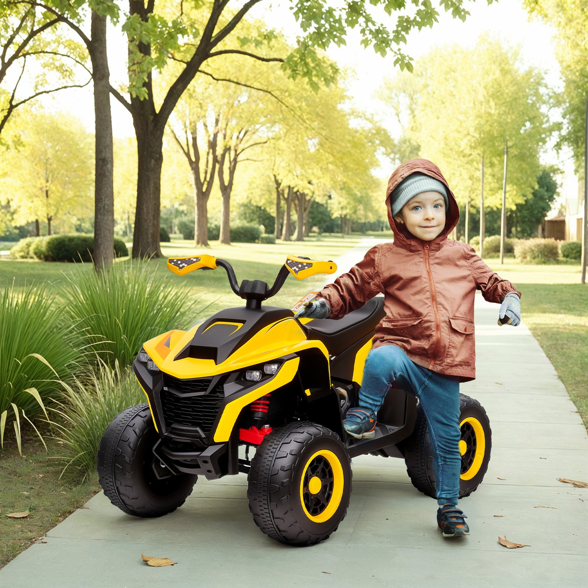 Electric Quad for Kids 12V Kids Quad with 2 Motors, 3-6km/h Ride-On Quad with Suspension, LED Lights, Children's Car with USB, Music for 3-8 Years, Yellow