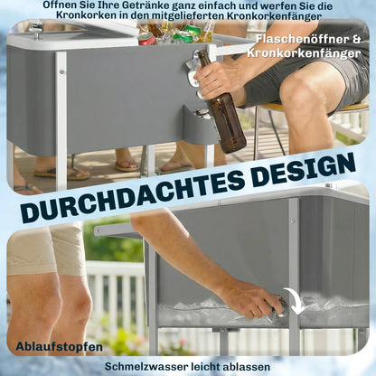Glacière roulante Outsunny 56 L avec étagère, décapsuleur, récupérateur de capsules, bouchon de vidange et poignée — Pour terrasse, jardin et barbecues, 84 × 38 × 83 cm, gris