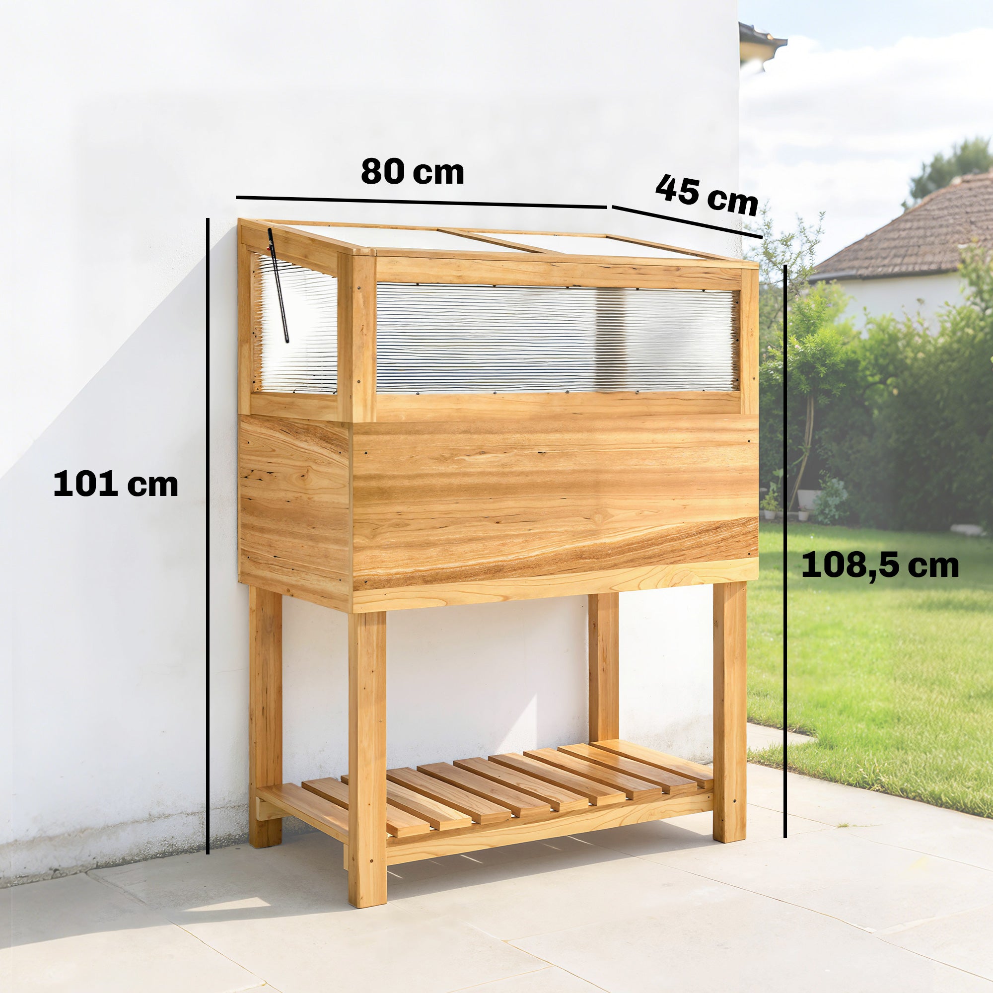 Raised Wooden Planter with Cold Frame – Elevated Garden Bed with Hinged Cover & Storage Shelf, Ergonomic Flower/Vegetable Bed for Garden & Balcony, 31.5 x 17.7 x 42.7 in (80 x 45 x 108.5 cm), Natural Wood